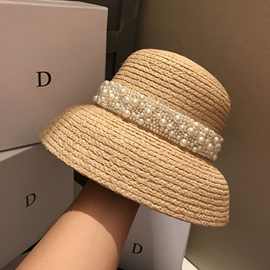 日本复古赫本风珍珠拉菲草钟型大檐草帽女防晒遮阳沙滩帽渔夫帽潮