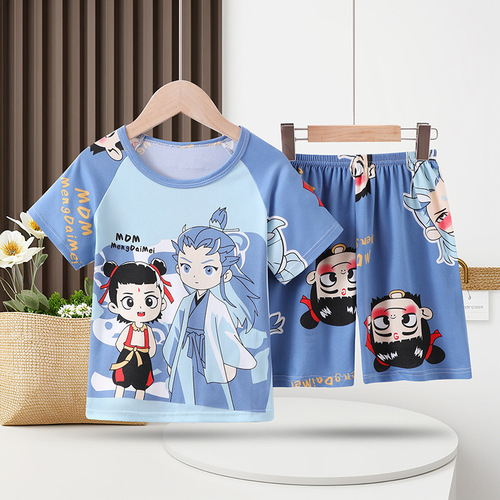 Whichone Children's Summer T-shirt Pajamas, Cartoon Casual Crew Neck Set, Onesie for Boys, Unisex, Short Sleeve