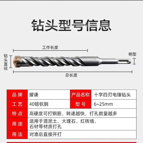 Square shank cross drill bit electric hammer four-edged impact drill bit for concrete drilling four pits super-hard chromium steel alloy rotor