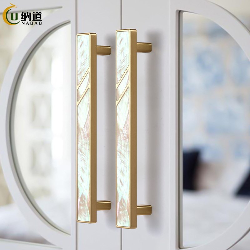 Custom imported green and white pearl shell drawer cabinet doors with brass handles, light luxury New Zealand natural pearl shell handles