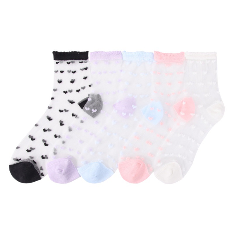 Calcetines de mujer primavera y verano nueva moda delgada fina seda de cristal media pantorrilla calcetines de mujer fresco transparente amor medias de cristal