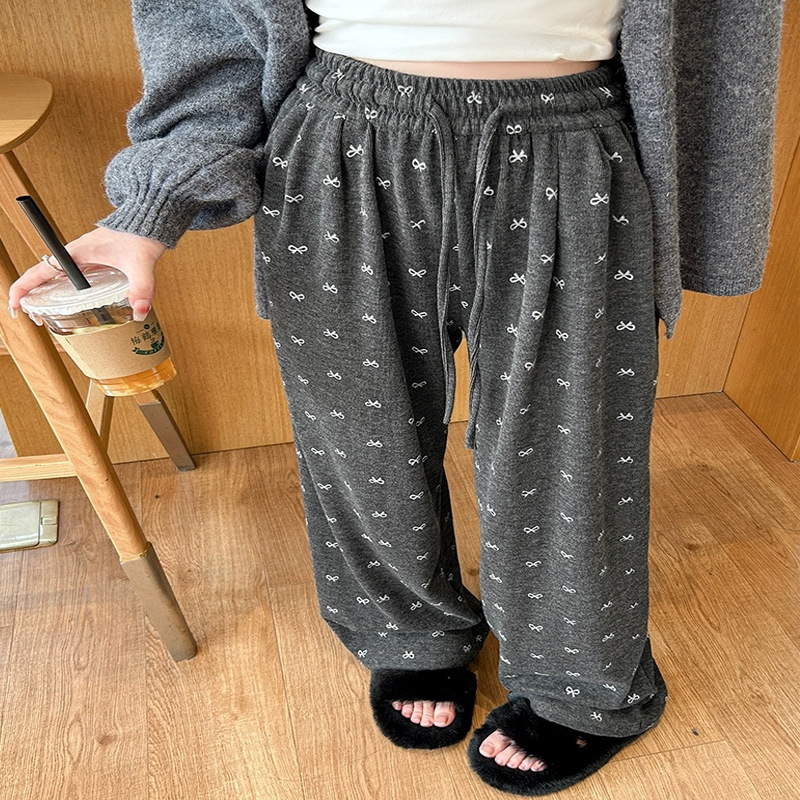Pantalones Anchos de Felpa Suave con Lazo de Poliéster de Tiro Alto