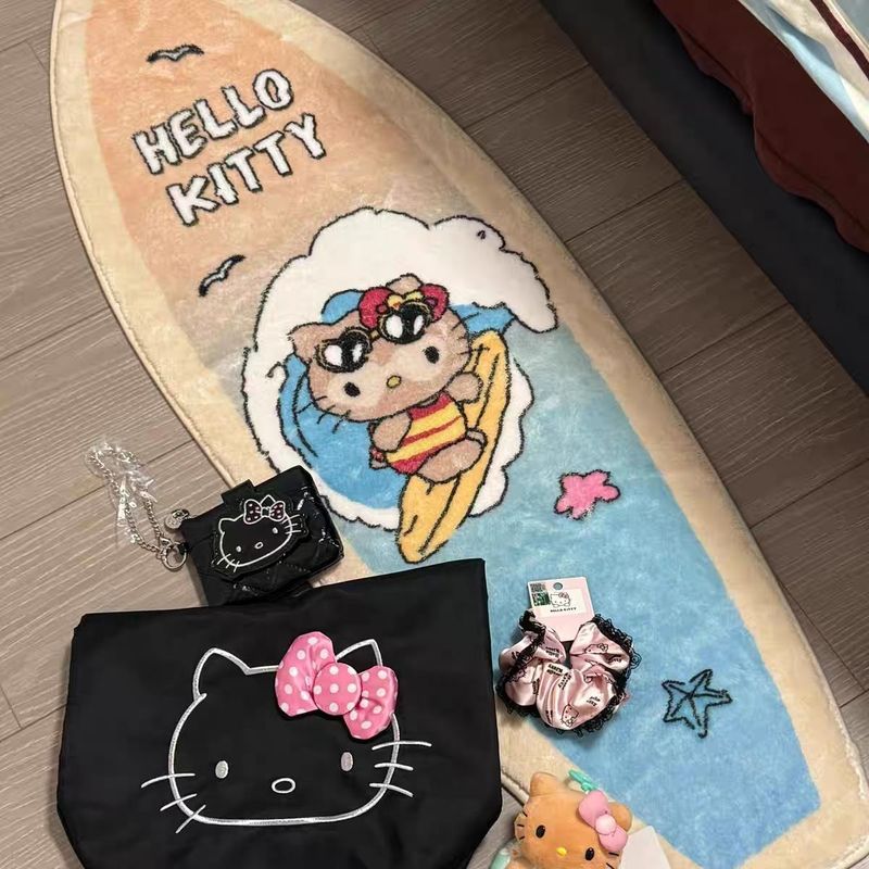 hellokitty地毯新款冲浪黑皮kt猫床边毯脚垫女生挂毯长条毛绒地毯|undefined