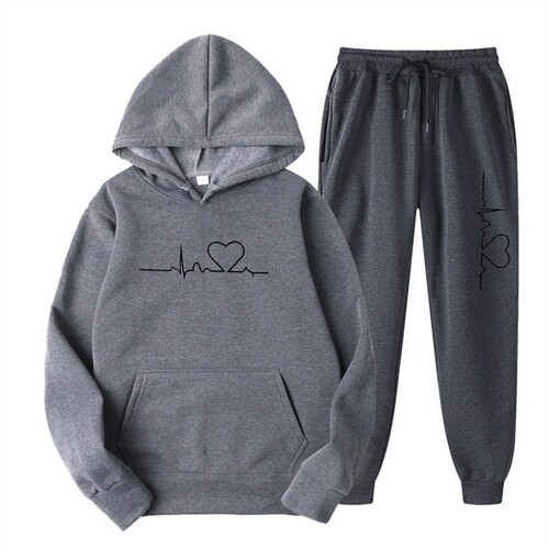 Men's and Women's Fleece Sweatshirt Set Autumn and Winter Heart Print Hooded Sweatshirt Trend Brand New Men's Set
