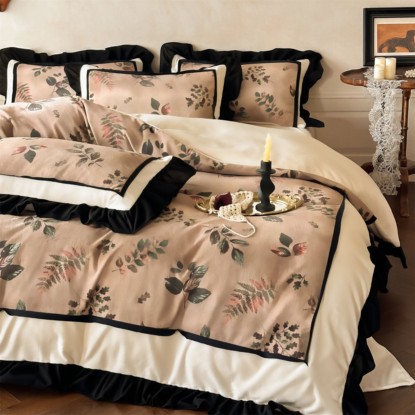 Conjunto de cama vintage nórdico francês boho clássico outono inverno veludo grosso e quente cor leite renda francesa quatro peças com lençol e edredom_voghion.com