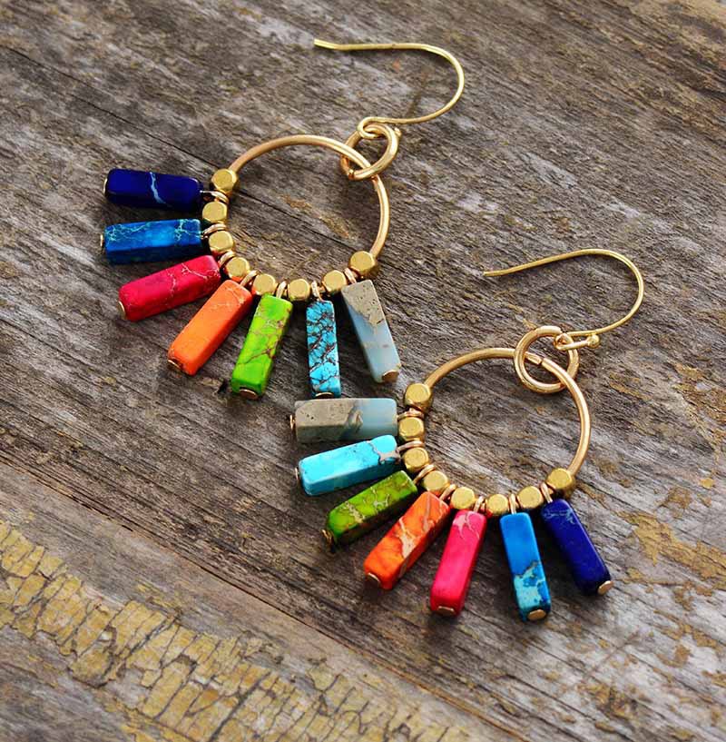 1 Pair Quantity Cross-border Hot Selling Natural Stone Earrings Stylish Good Texture Colorful Emperor Stone Cuboid Colorful Pendant Earrings