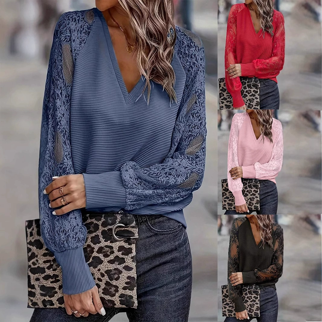 Asia Sun Европа и США трансграничная новая женская одежда 2024 весна и лето V-образный вырез с длинными рукавами шитья кружева мода вязаный женский топ