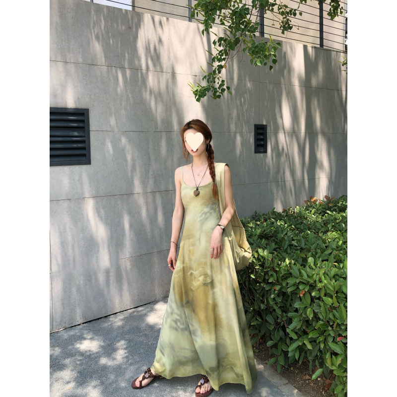 여성을위한 중국 스타일 슬립 드레스 여름 녹색 새로운 중국 스타일 허리 비치 거즈 스커트 해변 휴가 스타일 롱 스커트