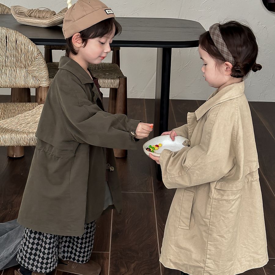 佳葉童品2024兒童春季純色長款風衣男女寶寶洋氣外套寬鬆防風大衣