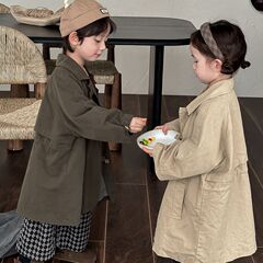 佳葉童品2024兒童春季純色長款風衣男女寶寶洋氣外套寬鬆防風大衣