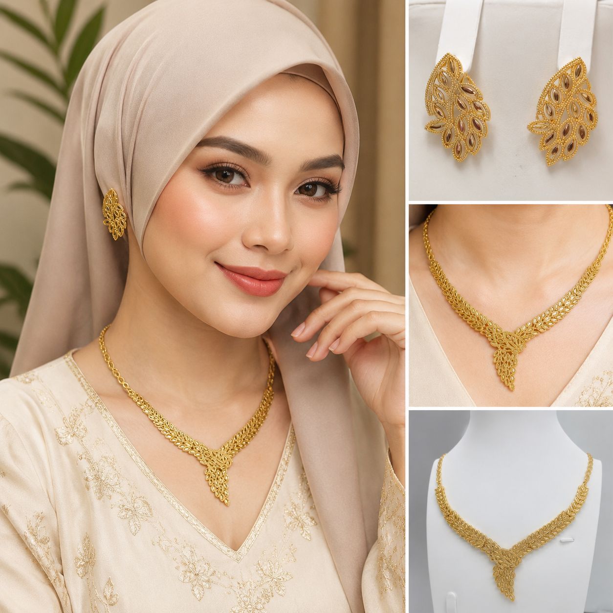 Diseño de moda retro transfronterizo conjunto de joyería collar pendientes de boda banquete de bronce de lujo ligero joyería dorada mujer
