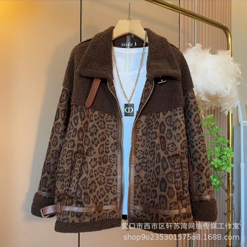 加肥羊羔毛翻领拼接豹纹长袖外套胖妹妹欧洲站冬季款皮毛一体上衣