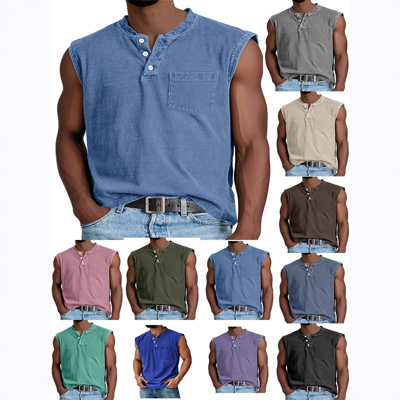 2025 European and American Cross-Border Men's Sleeveless Wide Shoulder Vest Amazon Men's Henley Collar Button Fitness Sports Top