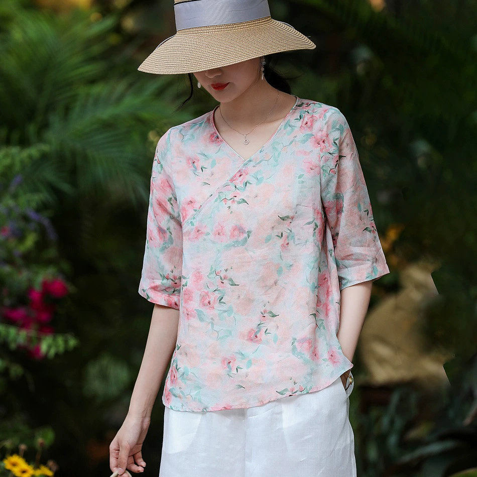 Весна и лето 2021 новая хлопковая и льняная Женская одежда в литературном стиле блузка с принтом рами и V-образным вырезом Свободный Топ