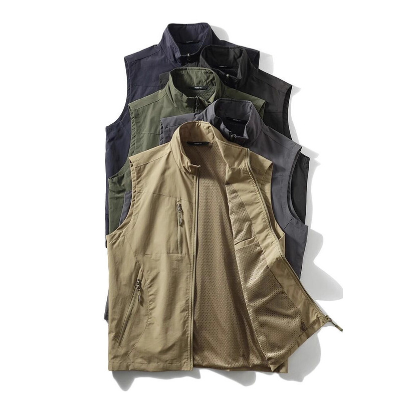 Spliced ​​Windproof, Waterproof and Breathable Mesh Lining Casual Vest Vest Outdoor Mountain Style Pure Color Small Stand Collar Men's Vest