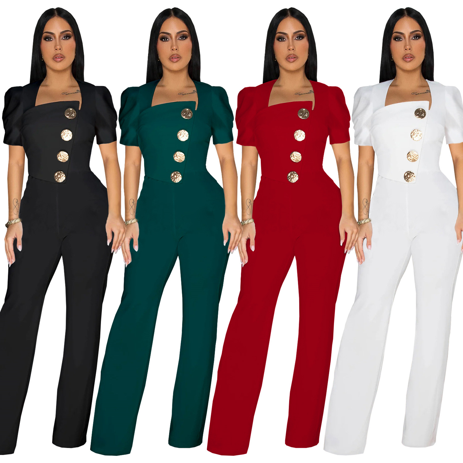 C7378 Cross-border AliExpress Amazon Ropa de mujer de moda europea y americana Botón grande Mono deportivo de pierna ancha de manga corta Nuevo image 6
