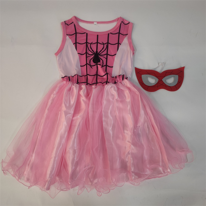 Summer Children's Sleeveless Gauze Dress Spider Dress Pink Spider-Man Girls' Dress with Face Mask Summer Sister Outfit Summer Children's Sleeveless Gauze Dress Spider Dress Pink Spider-Man Girls' Dress with Face Mask Summer Sister Outfit
