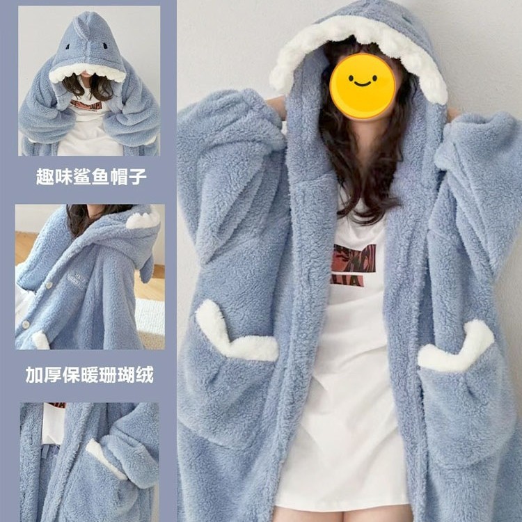 Coral Fleece Pajamas Women Winter 2025 New Men's Thickened Autumn and Winter Nightdress Long Shark Nightgown Set Homewear