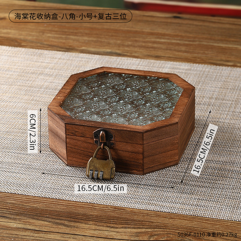 古典海棠玻璃木质储物盒珠宝首饰伴手礼包装盒防尘翻盖桌面收纳盒|undefined