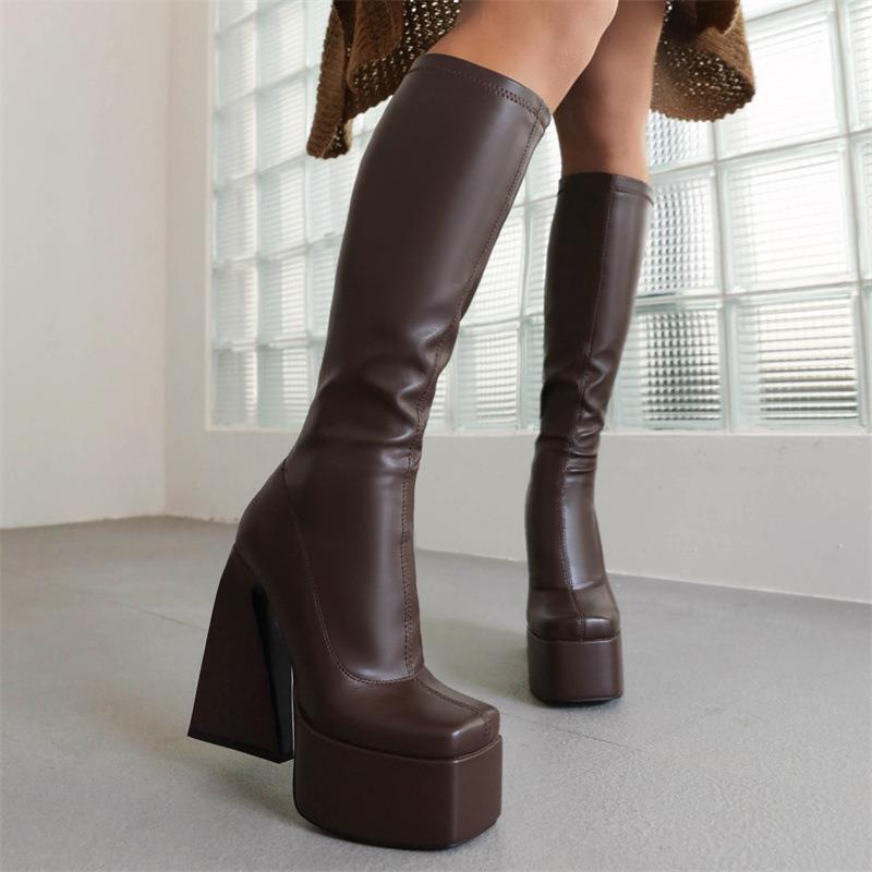 2022 European and American Export Models Thick-Soled High-Heeled Special-Shaped Heel Square Toe 40-44 Fashionable Elastic Knee-High Women's Boots