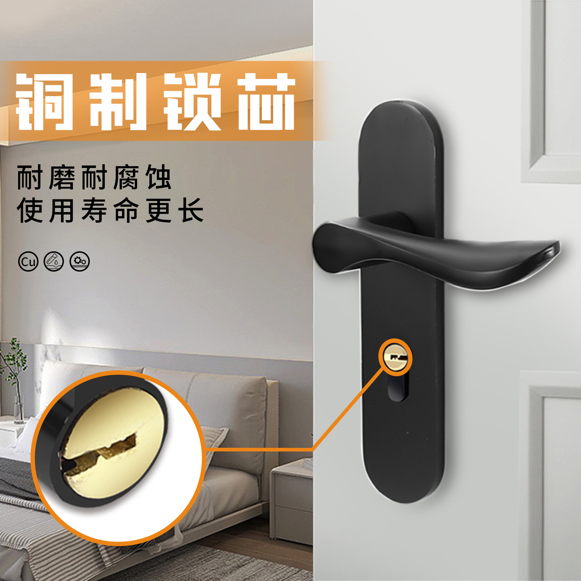 Aluminum alloy indoor wooden door lock, hollow aluminum, minimalist brass core, split lock, silent wooden door handle, handle lock