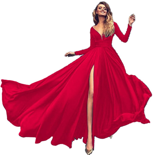 European and American Hot May New Style Dress, Milk Silk Sexy Deep V-Neck Long-Sleeve Dress