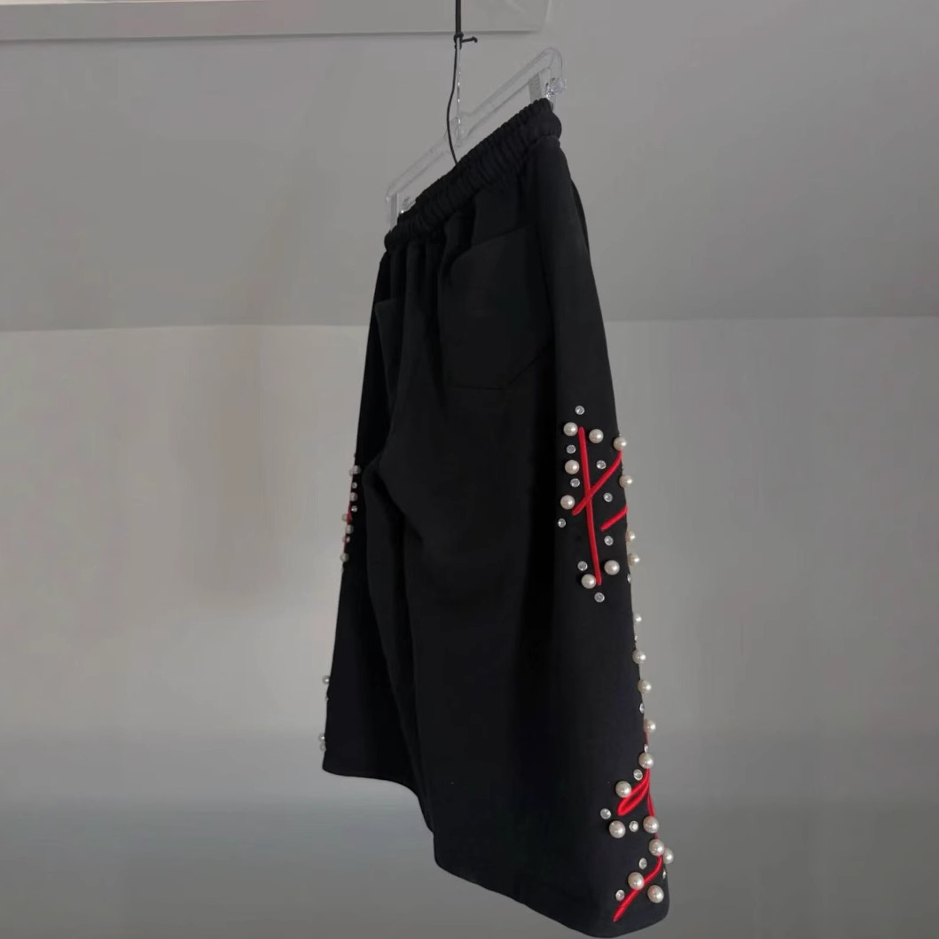 Pantalones cortos transfronterizos europeos y americanos, artesanía pesada de calle alta, bordados con cuentas, pantalones cortos casuales sueltos de moda, estilos calientes para hombres y mujeres