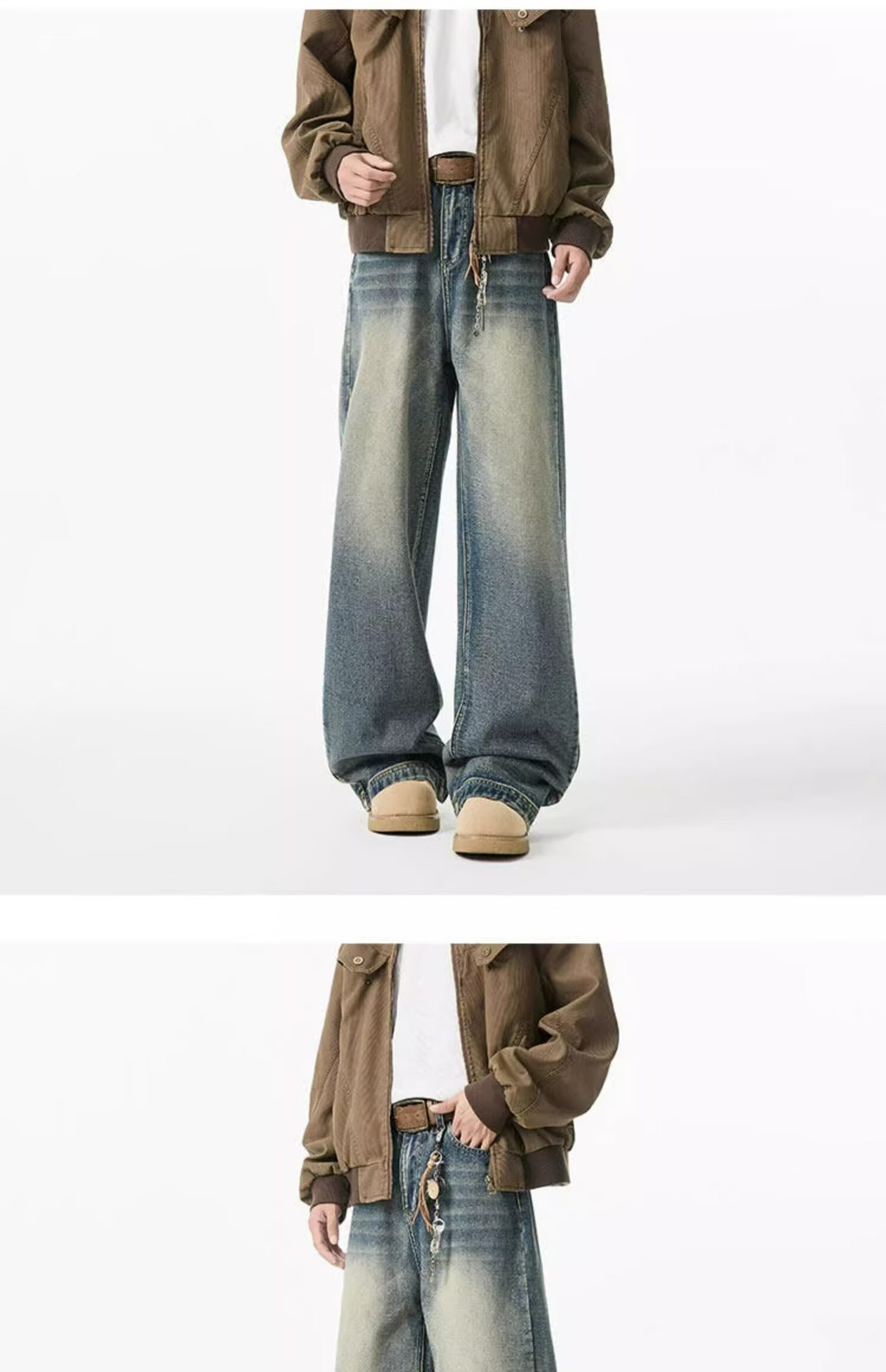 Men's Vintage Washed Denim Jeans Slightly Flared Wide-Leg Cat Whisker Detailing High-Street Style Cleanfit Black Blue (S-3XL)_mkmklike.com