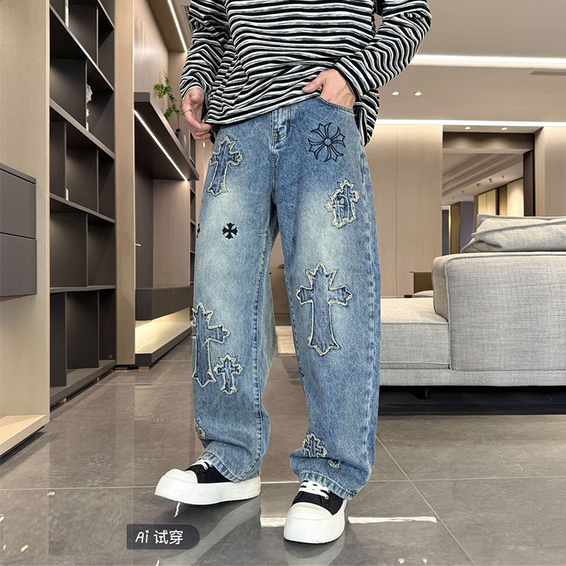 2026 New In-Stock Cross Patch Denim Wide-Leg Pants Straight Wash Embroidered Lazy Style Trendy High-End Brand 2026 New In-Stock Cross Patch Denim Wide-Leg Pants Straight Wash Embroidered Lazy Style Trendy High-End Brand