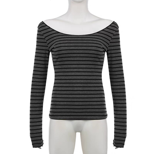 Women's slimming and figure-flattering black and white striped long sleeve t-shirt with one-shoulder neckline, new autumn style basic top