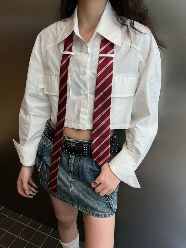 秋季新款单排扣露脐甜酷辣妹风女士衬衣领带拼接纯棉衬衫女56032|undefined
