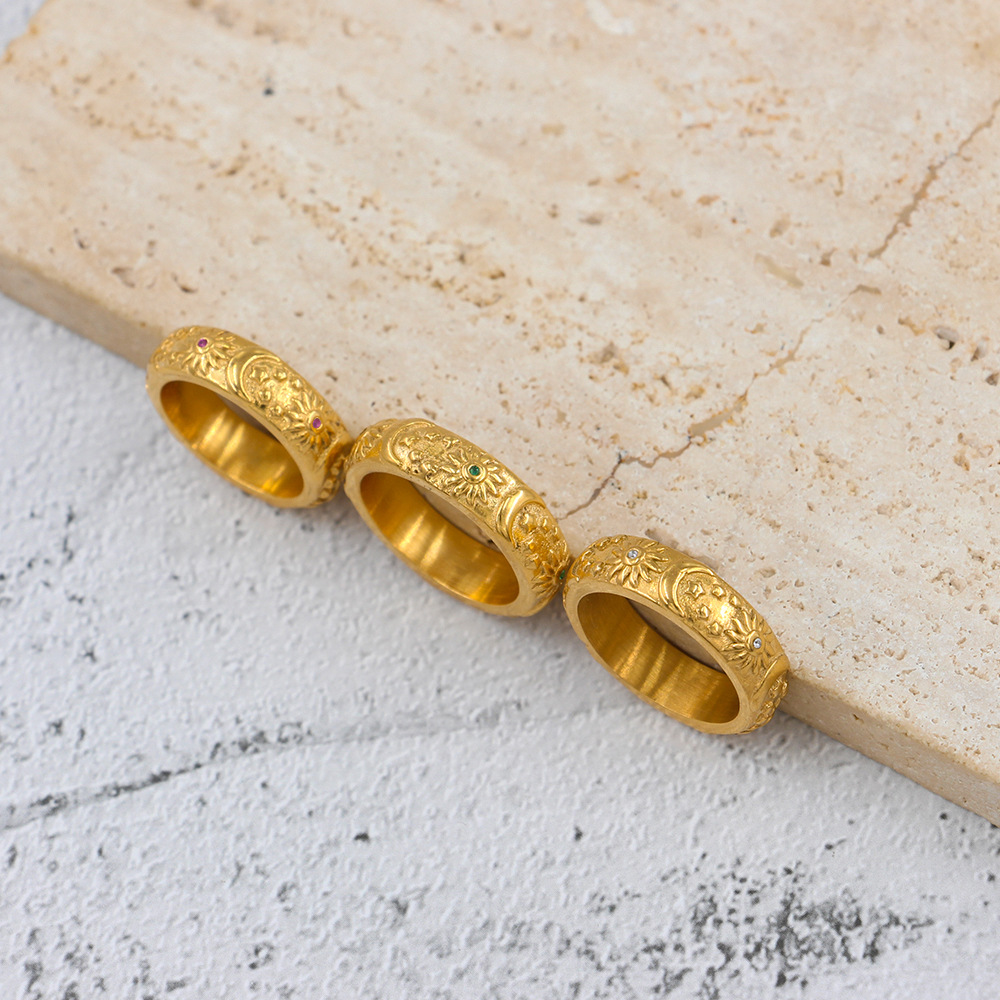 18K Real Gold Plated Plating Material Zircon Inlay Material Vintage Style Sun Star Moon Stainless Steel Plating Zircon Rings