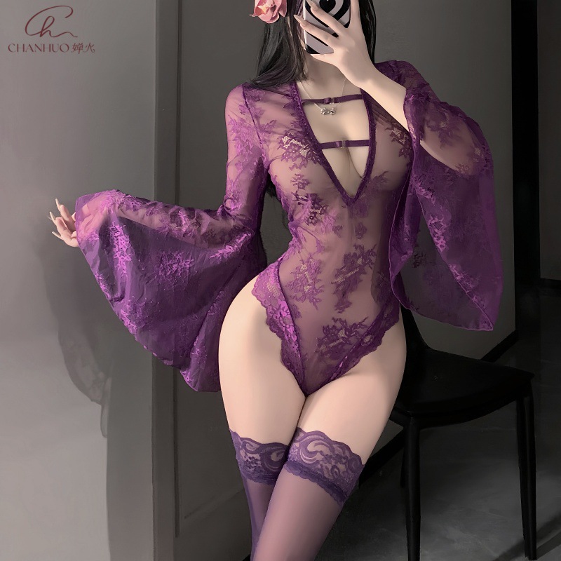 찬 불 섹시한 란제리 섹시한 관점 점프 수트 순수한 혼 소매 레이스 파자마 깊은 V 중공 유니폼 9392