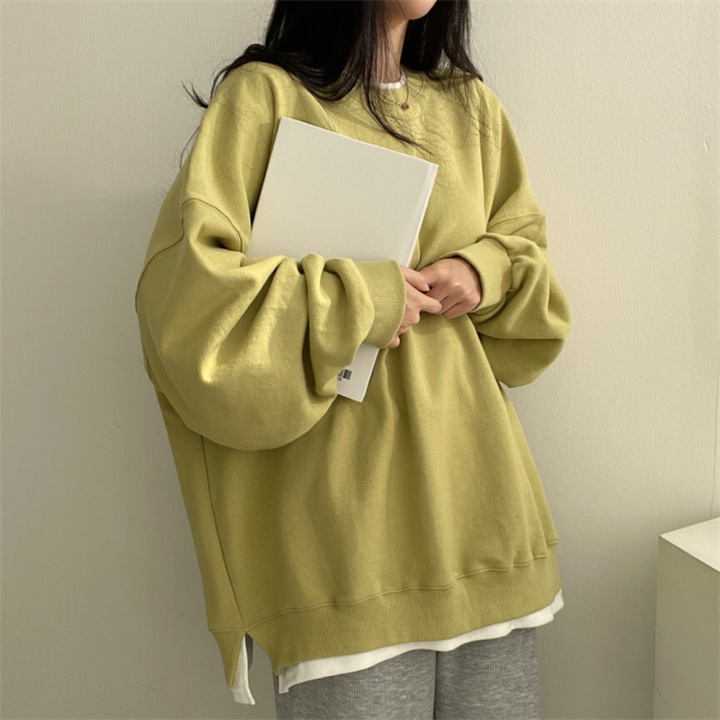 Japanese Foreign trade cotton fake two-piece sweater women's Korean-style top clothes loose all-matching fleece-lined spring and autumn solid color ins fashion brand Japanese Foreign trade cotton fake two-piece sweater women's Korean-style top clothes loose all-matching fleece-lined spring and autumn solid color ins fashion brand