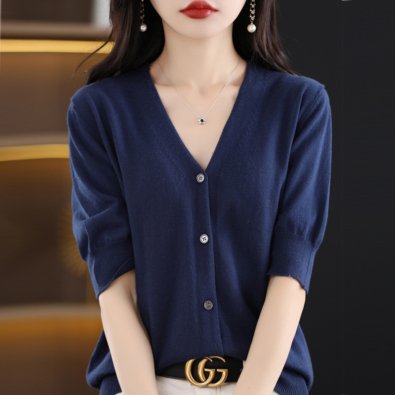 26 New Summer Combed Cotton Knitted Cardigans for Women, Short-Sleeved Jackets, V-Neck Air-Conditioning Shirts, Loose Tops, Thin Outerwear