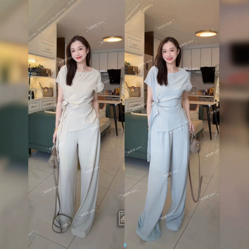 2026 Spring/Summer Elegant Casual Tencel Linen Irregular Waist-Tie Top + Straight Wide-Leg Pants Two-Piece Set 2026 Spring/Summer Elegant Casual Tencel Linen Irregular Waist-Tie Top + Straight Wide-Leg Pants Two-Piece Set