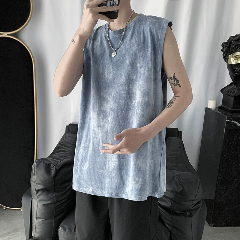 Новый летний свободный жилет с принтом тай-дай, мужской свободный модный топ без рукавов в корейском стиле, модная брендовая универсальная футболка без рукавов