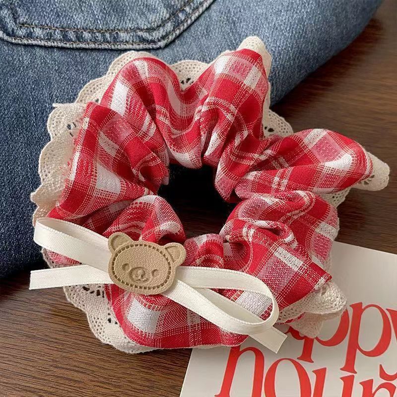 52＃红色打结小熊格子发圈