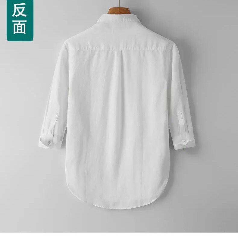 Breathable Summer 7/8 Sleeve Linen Shirt for Men Casual Medium Sleeve Linen Material White Collared Shirt Loose Plus Size Thin Top