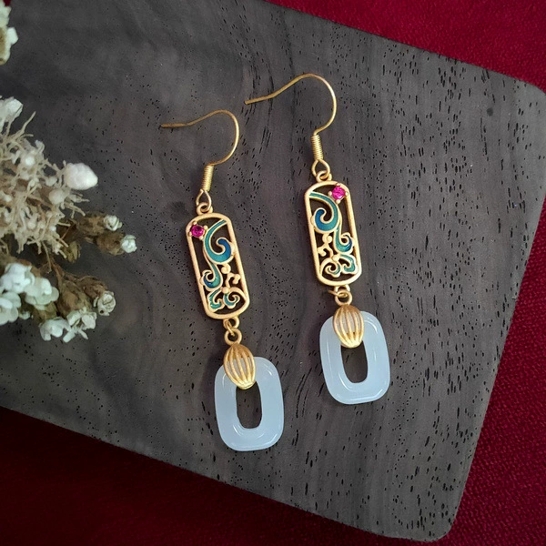 Ретро-Enamel серьги в виде защитного амулета, имитация нефрита, позолоченная филигрань, легкий