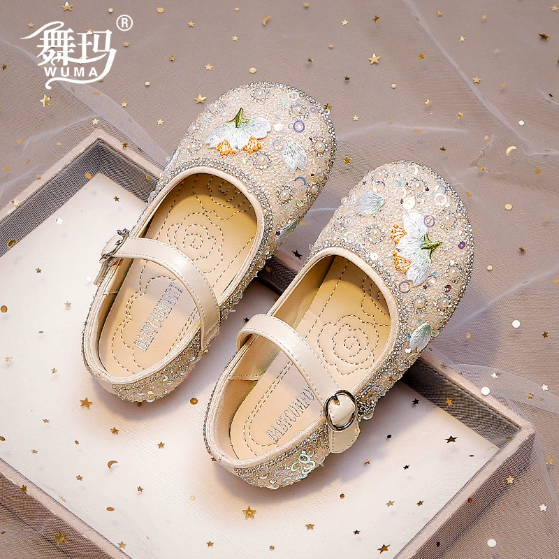432160 обувь для девочек Детская принцесса хрустальные туфли 2024 новая весна и осень девушка осень подиум маленькие кожаные туфли