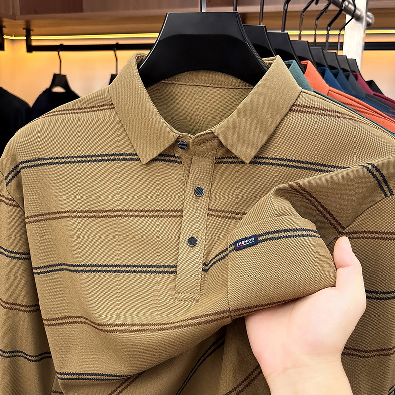 New autumn style striped long-sleeve turn-down collar POLO shirt for middle-aged men with real pockets, fashionable casual top T-shirt for men New autumn style striped long-sleeve turn-down collar POLO shirt for middle-aged men with real pockets, fashionable casual top T-shirt for men
