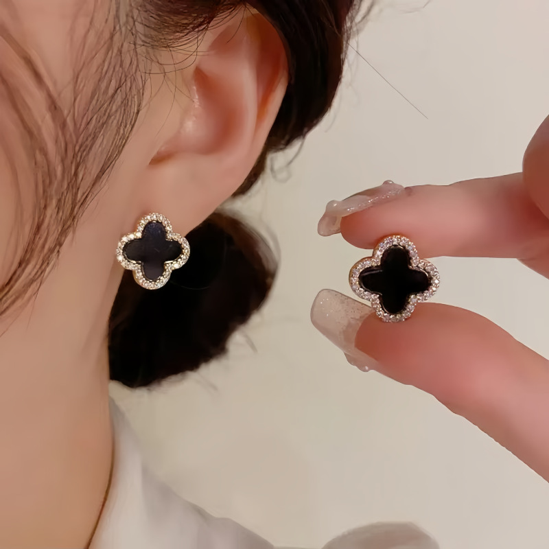 S925纯银黑玛瑙四叶草耳钉女韩版气质时尚百搭高级甜美幸运草耳坠|undefined