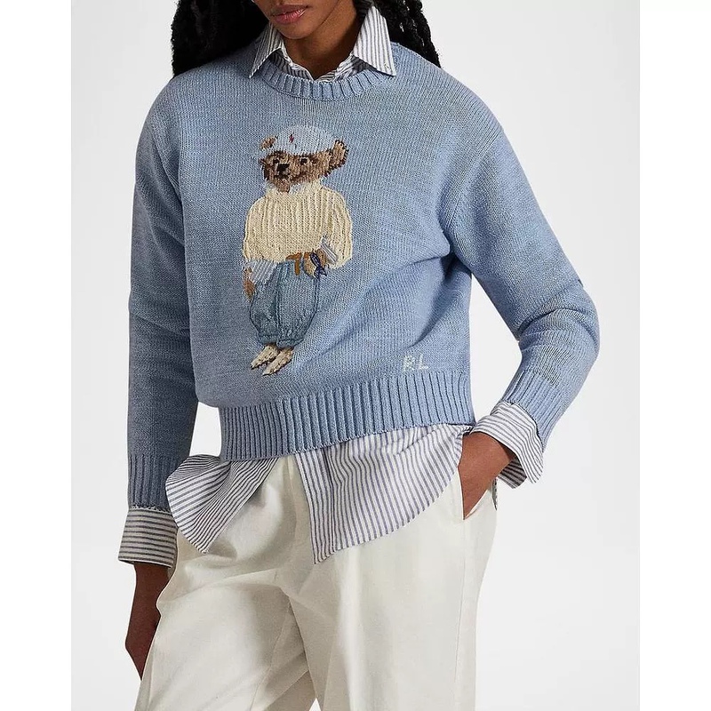 Rl Ralph Lauren Bear Series Qr Code Scannable 25 Years Pure Cotton Heavy Embroidery Round Neck Sweater Knitwear for Women