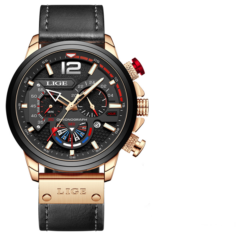 LIGE 8959 nuevo cinturón de seis pines calendario personalidad dial luminoso aguja multifuncional transfronteriza reloj de hombre