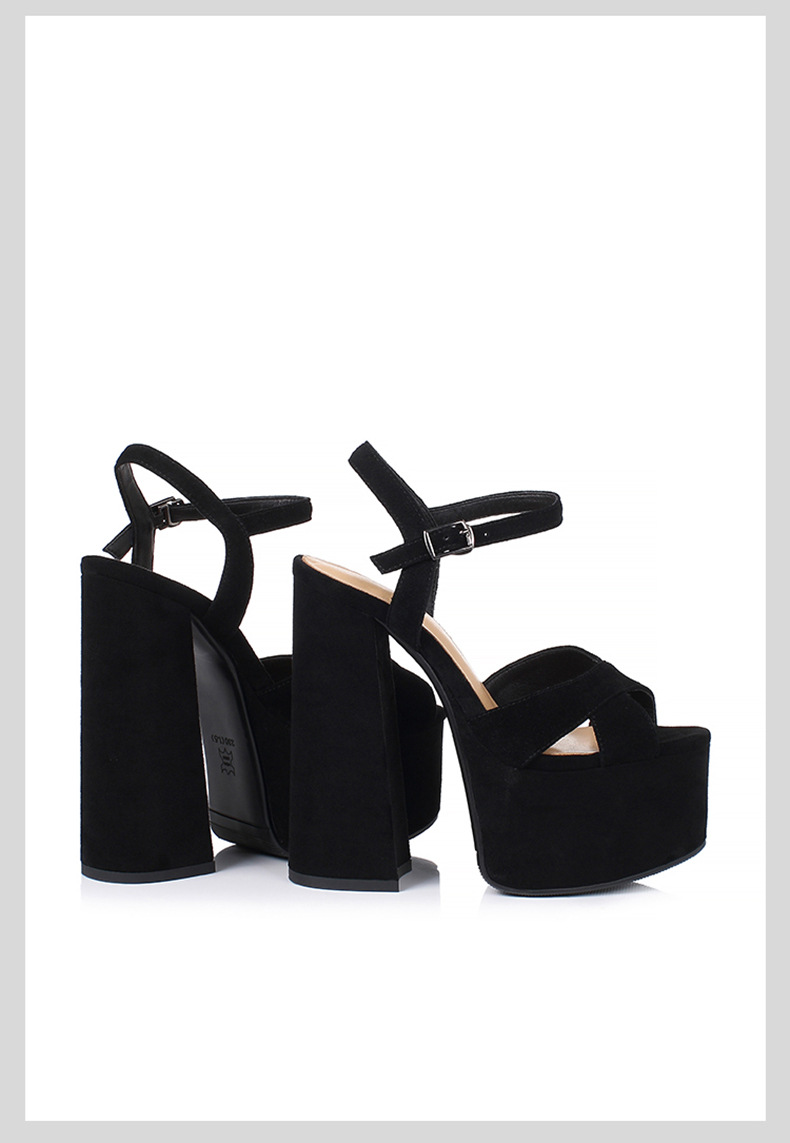 Sandal cao gót nữ mũi hở đế platform chunky da thật gót dày — Màu đen mờ chi tiết 13
