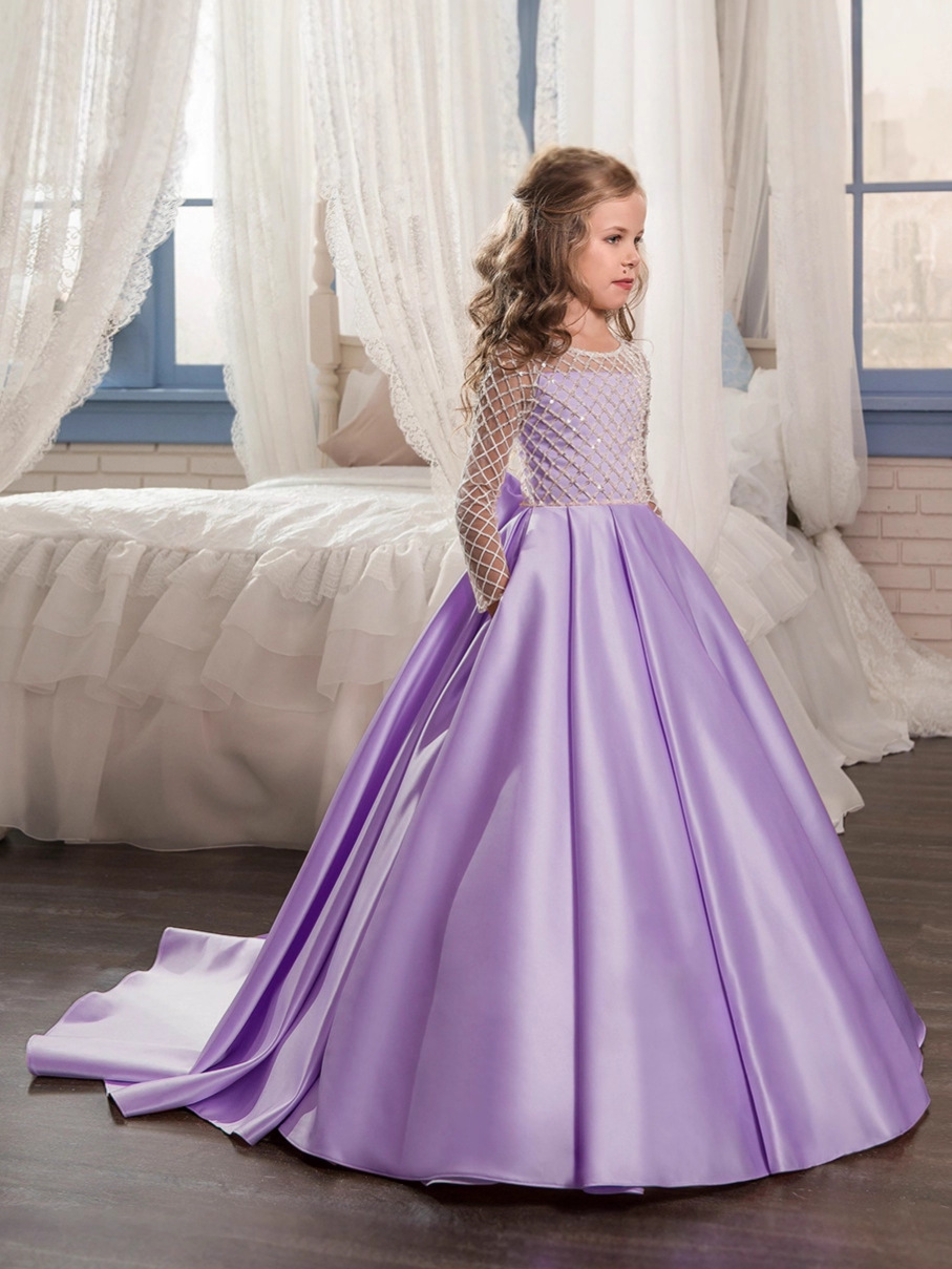 Comercio exterior transfronterizo nueva ropa para niños vestido para niños niñas encaje satén arco pequeño vestido de princesa de niña de flores