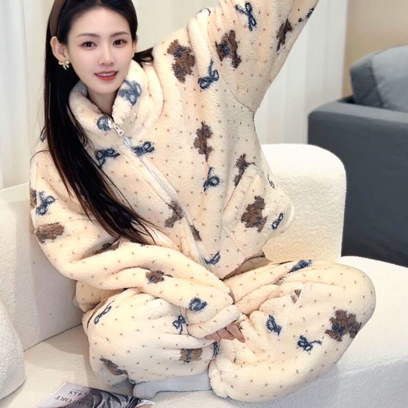 New winter collection: women's thickened coral fleece pajama set with a stand-up collar and zipper, a warm flannel two-piece loungewear set