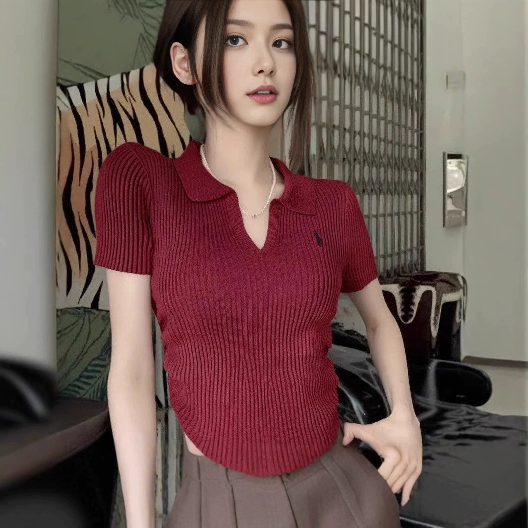 Весенний и летний новый торговый центр счетчик корейская версия поло-воротник с короткими рукавами тонкий топ женский минималистский свитер с вышивкой пони