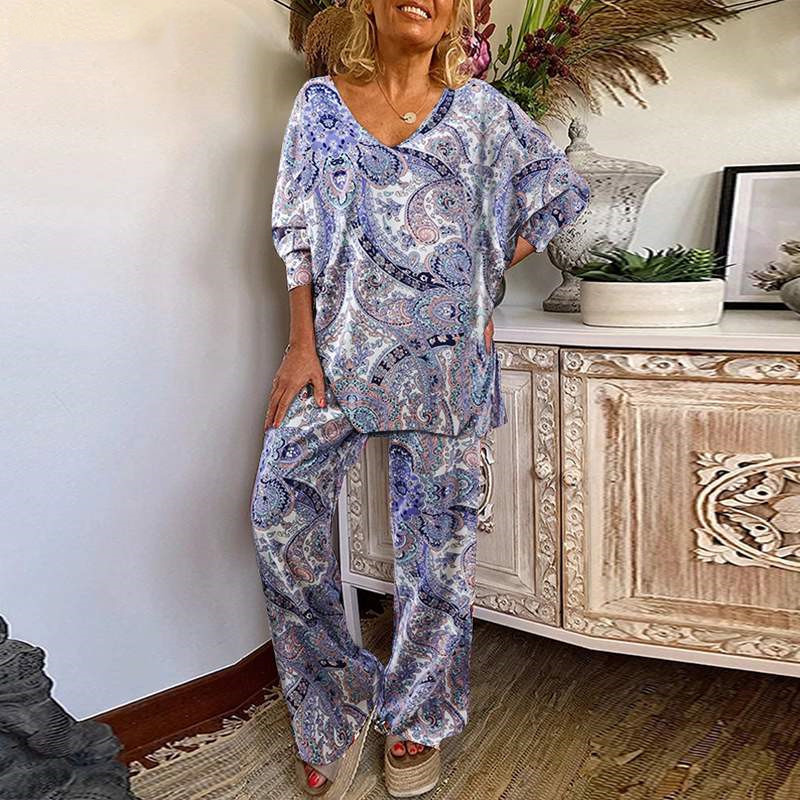 Ensemble haut fleuri à col en V pour femme, pantalon ample à taille élastique, manches longues, style bohème élégant, idéal pour le printemps_voghion.com